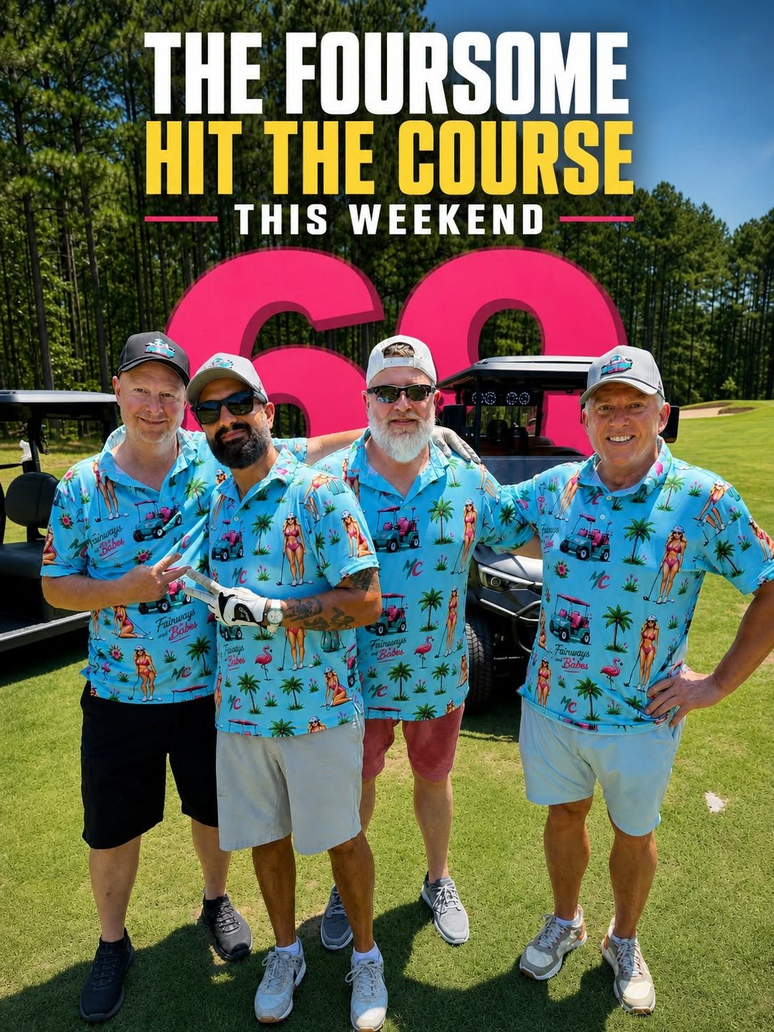 The foursome on the course in matching Fairways and Babes polos