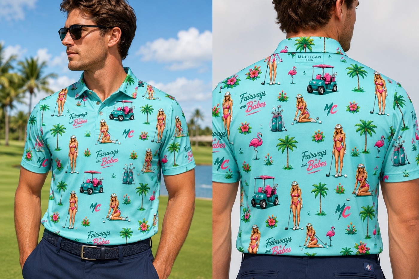 Mulligan Crew Fairways and Babes polo on the course