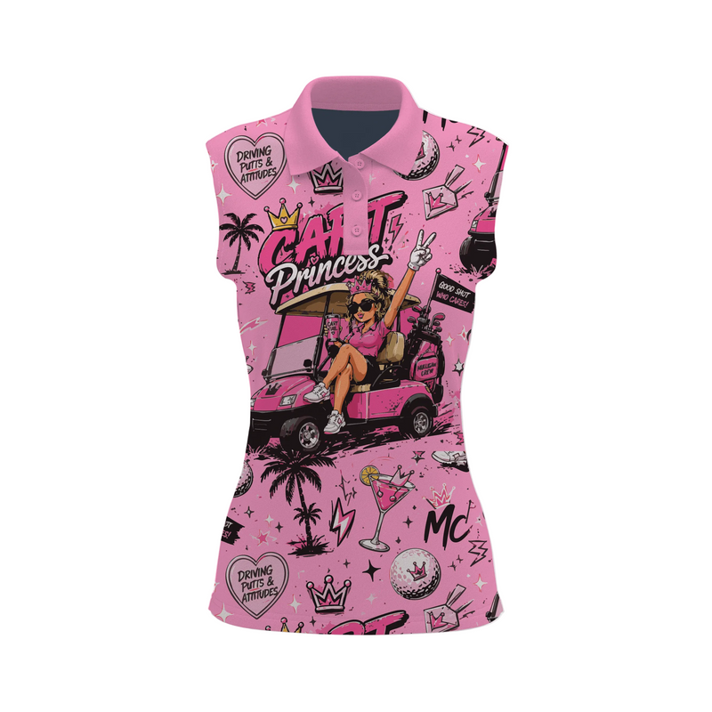 A sleeveless women's polo shirt in bright pink with a cartoon-style graphic of a woman sitting in a pink golf cart, surrounded by text, palm trees, hearts, and other retro-themed illustrations.