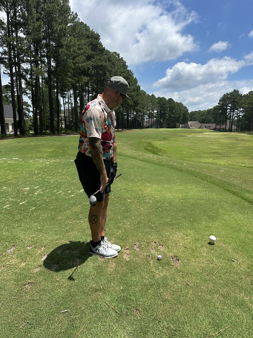 Teeing off in Mulligan Crew gear