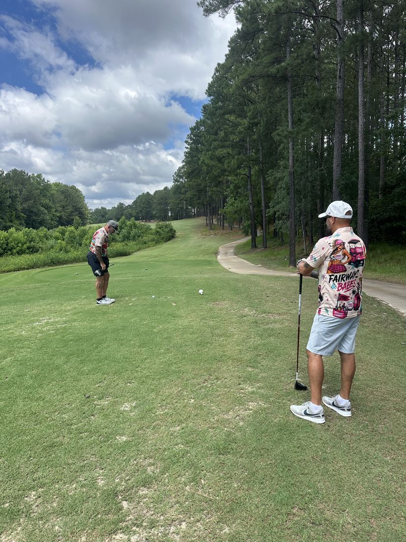 Walking the fairway in the Crew polo