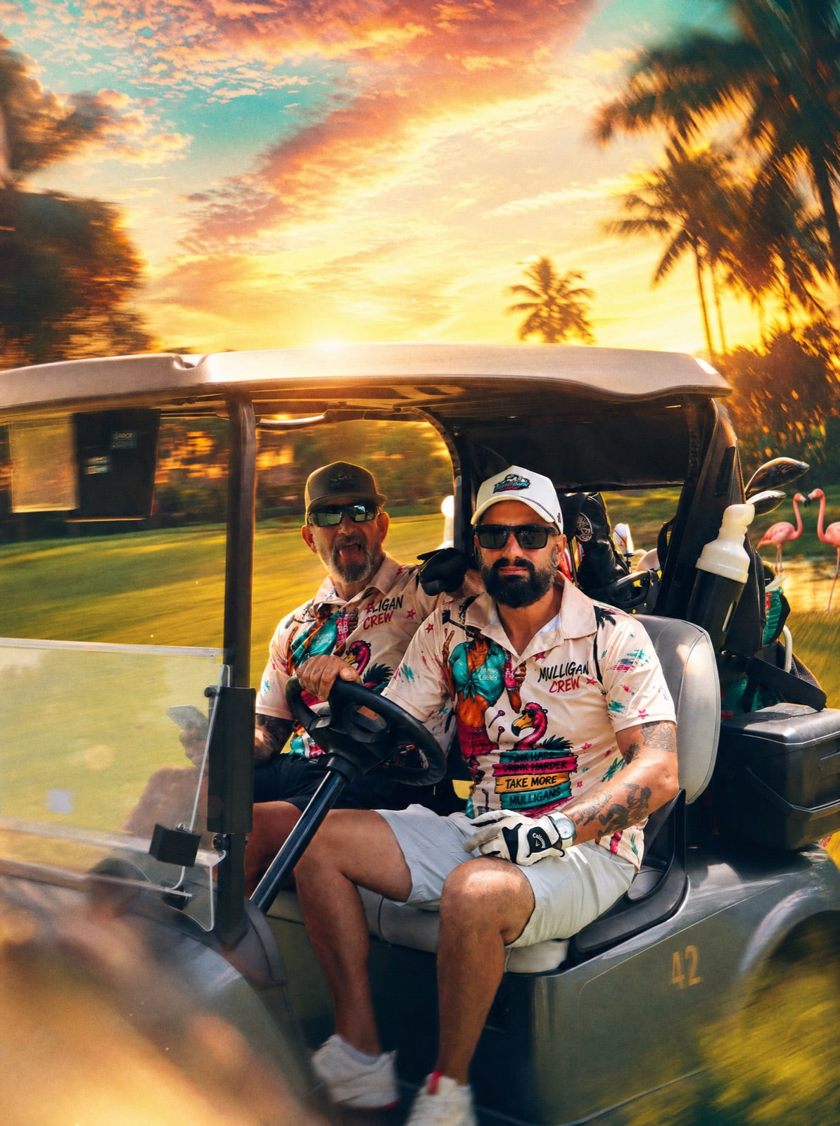 Gerry and John, the Mulligan Crew founders, riding the cart at sunset