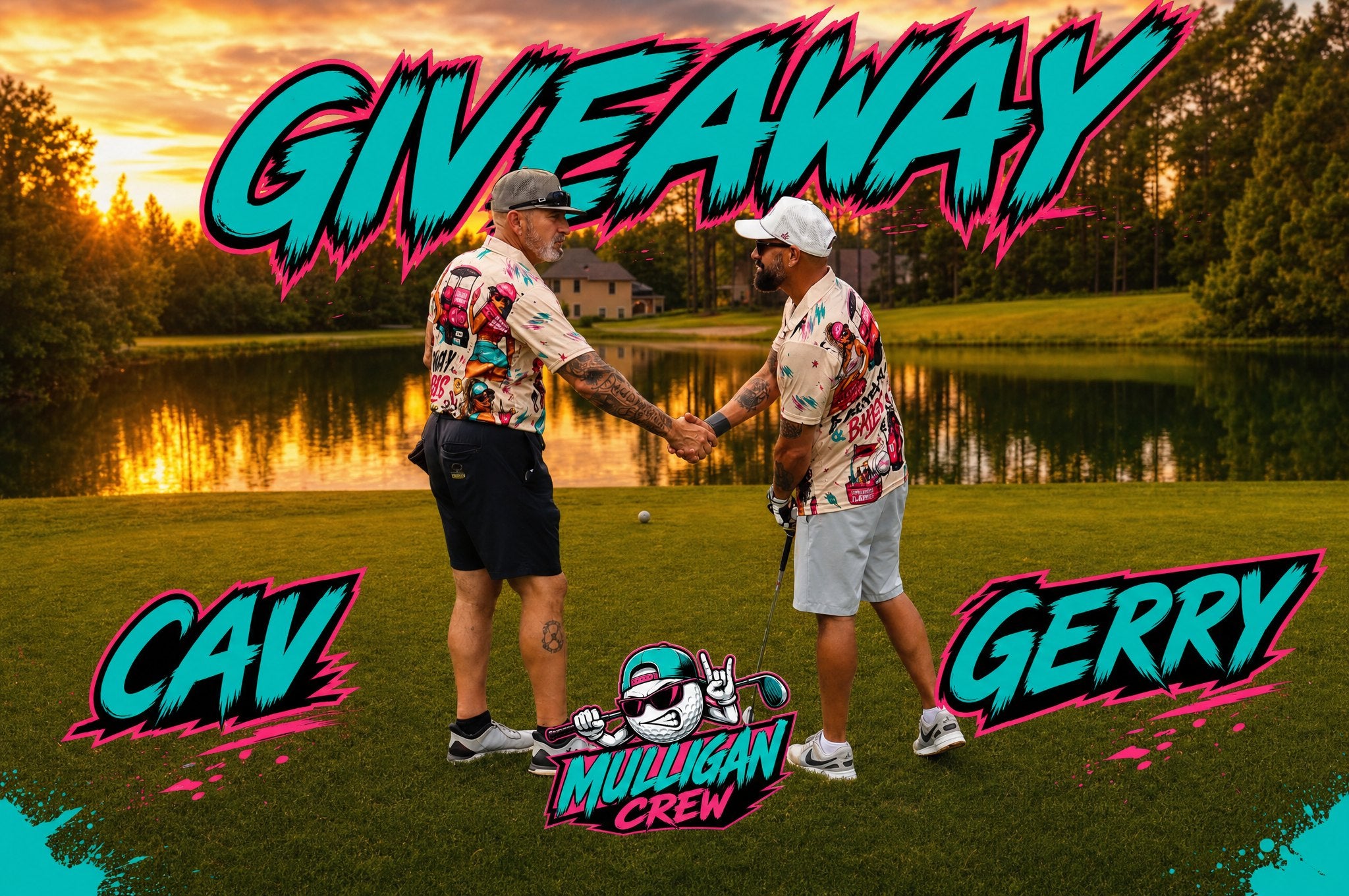 Cav and Gerry shaking hands on the green, Mulligan Crew giveaway