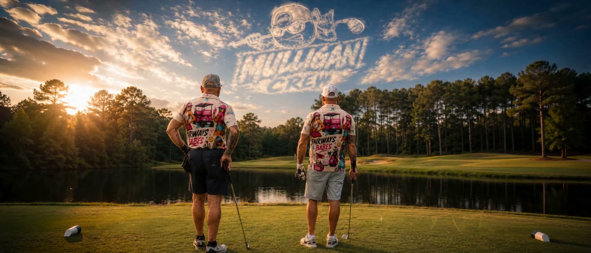 Gerry and Cav on the course at golden hour, the Mulligan Crew logo formed in the clouds above