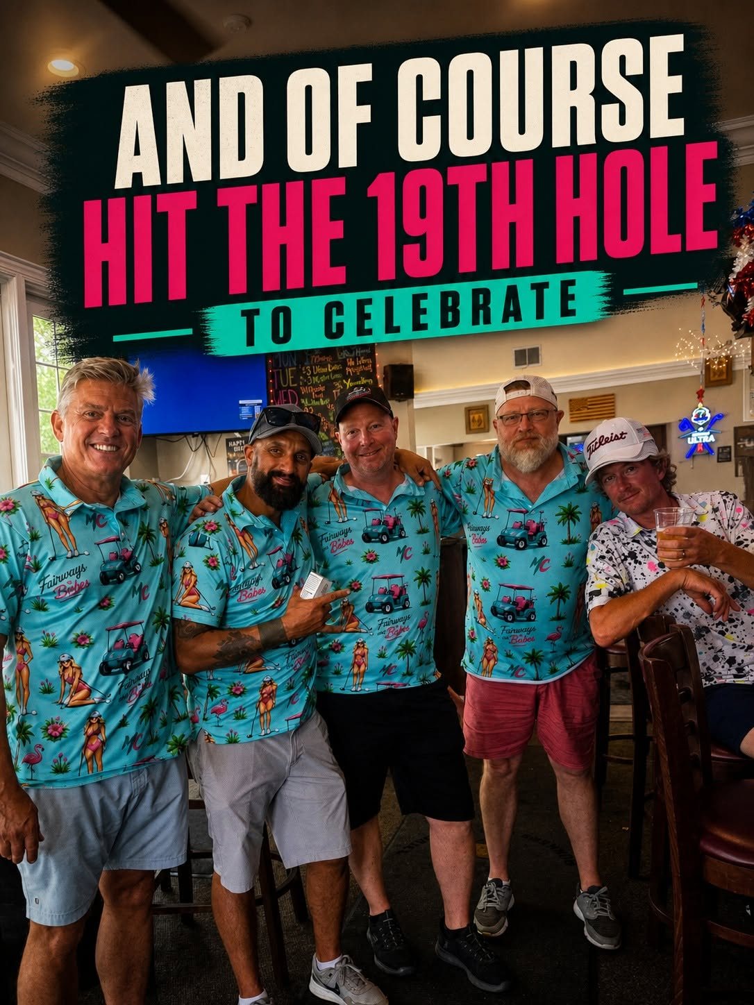 The crew at the 19th hole celebrating after the round
